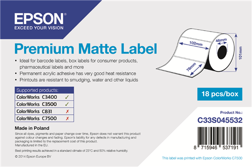 Epson Premium Matte Label - 102 x 76mm Bianco