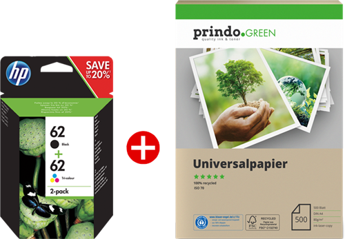 HP 62 nero / differenti colori Value Pack + Prindo Green Recyclingpapier 500 Blatt